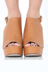 Tan Peep Toe Block Heels - Nadine