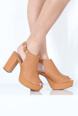 Tan Peep Toe Block Heels - Nadine