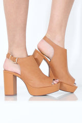 Tan Peep Toe Block Heels - Nadine