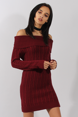 Wine Bardot Cable Knit Jumper Dress - Peeta