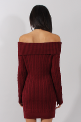 Wine Bardot Cable Knit Jumper Dress - Peeta