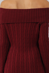 Wine Bardot Cable Knit Jumper Dress - Peeta