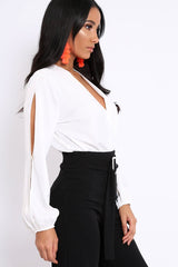 White Plunge Satin Bodysuit with Split Sleeves - Pema
