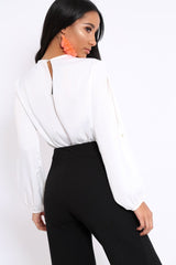 White Plunge Satin Bodysuit with Split Sleeves - Pema