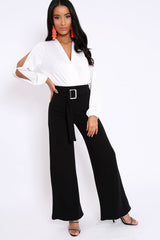 White Plunge Satin Bodysuit with Split Sleeves - Pema