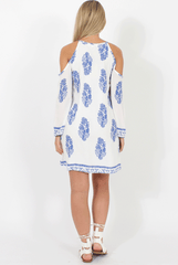 White With Large Blue Paisley Print Cold Shoulder Dress - Penelope