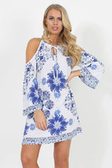 Blue Floral Print Cold Shoulder Dress - Penelope