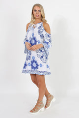 Blue Floral Print Cold Shoulder Dress - Penelope