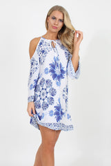 Blue Floral Print Cold Shoulder Dress - Penelope