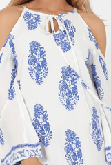 White With Large Blue Paisley Print Cold Shoulder Dress - Penelope