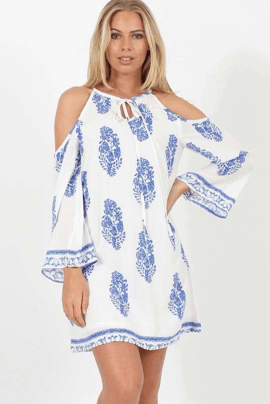 White With Large Blue Paisley Print Cold Shoulder Dress - Penelope