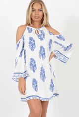 White With Large Blue Paisley Print Cold Shoulder Dress - Penelope