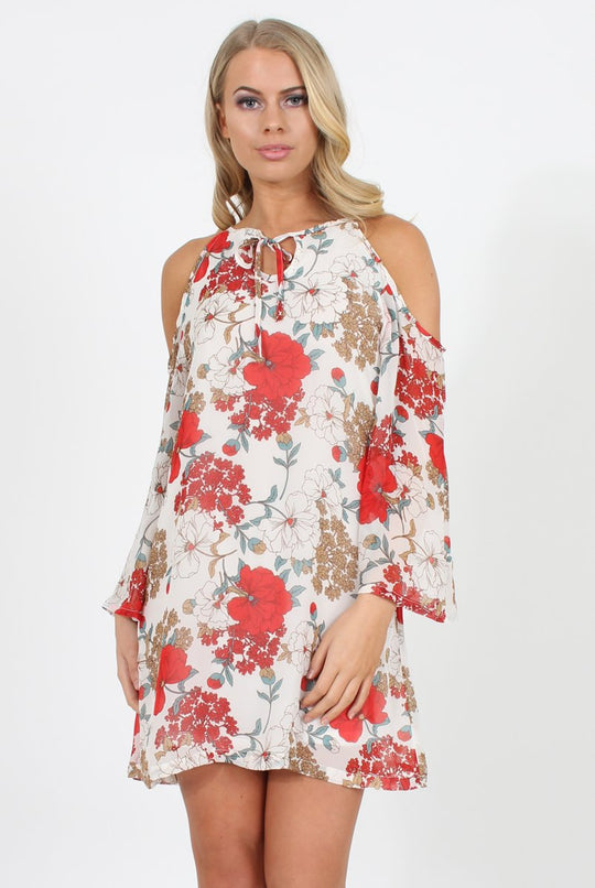 White Floral Print Cold Shoulder Dress - Penelope