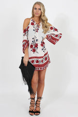Red Floral Print Cold Shoulder Dress - Penelope
