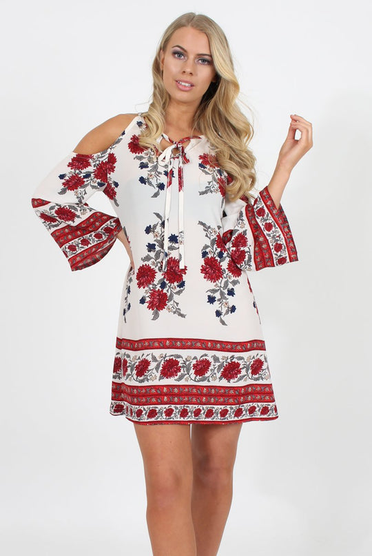 Red Floral Print Cold Shoulder Dress - Penelope