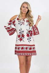 Red Floral Print Cold Shoulder Dress - Penelope
