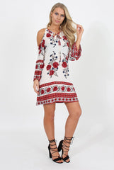 Red Floral Print Cold Shoulder Dress - Penelope