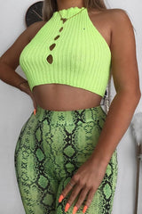 Lime Green Knit Halterneck Button Crop Top - Penina