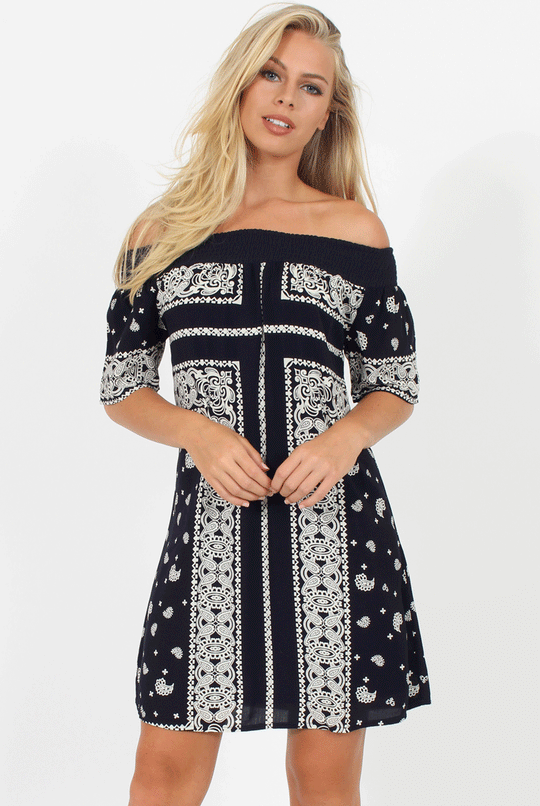 Blue Paisley Print Bardot Dress - Penny