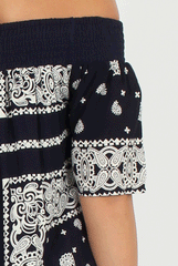 Blue Paisley Print Bardot Dress - Penny