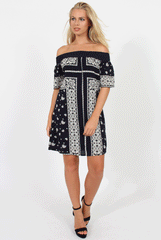 Blue Paisley Print Bardot Dress - Penny