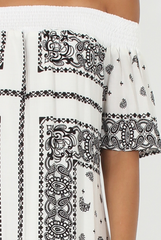 White & Black Paisley Print Bardot Dress - Penny