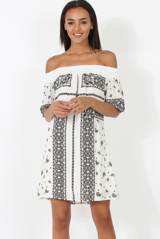 White & Black Paisley Print Bardot Dress - Penny