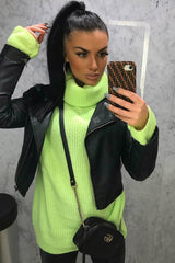 Neon Lime Green Roll Neck Jumper Dress - Freylynn