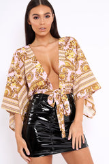 Nude Tie Front Kimono Sleeve Scarf Print Top - Perel