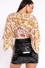 Nude Tie Front Kimono Sleeve Scarf Print Top - Perel