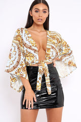 White Tie Front Kimono Sleeve Scarf Print Top - Perel