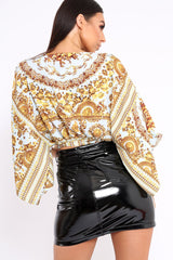 White Tie Front Kimono Sleeve Scarf Print Top - Perel