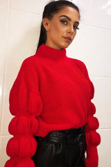 Red Knitted Puff Arm High Neck Jumper - Lola
