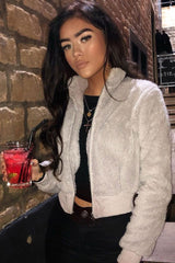 Grey Zip Front Faux Fur Crop Jacket - Perri