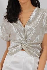 Gold Metallic Front Knot Batwing Top - Perrie