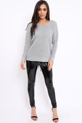 Grey Chunky Knit Lace Up Back Jumper - Perrie