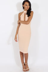 Nude High Neck Backless Midi Dress - Petunia