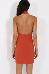 Rust High Neck Side Ruched Backless Dress - Tulip