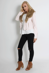 Paloma Faux Leather Pink/Black Fur Jacket