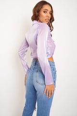 Lilac Shimmery Tie Front Slinky Blouse - Maddie