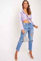 Lilac Shimmery Tie Front Slinky Blouse - Maddie