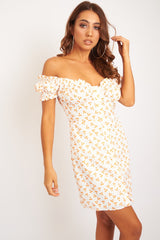 White Orange Polka Dot Milkmaid Button Front Dress - Eisa