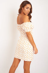 White Orange Polka Dot Milkmaid Button Front Dress - Eisa