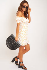 White Orange Polka Dot Milkmaid Button Front Dress - Eisa
