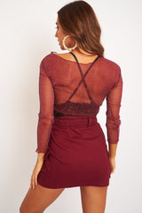 Burgundy Glitter Mesh Lettuce Hem Long Sleeve Top - Akila