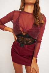 Burgundy Glitter Mesh Lettuce Hem Long Sleeve Top - Akila