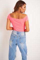 Neon Pink Bardot Button Down Bodysuit - Loda