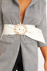 White Faux Leather Oversized Gold Detail Belt - Tylor
