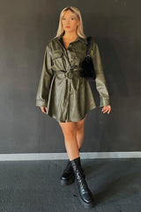 Khaki Faux Leather Belted Shirt Mini Dress - Alese
