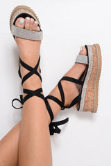 Black Diamante Embellished Lace Up Wedges - Phillis